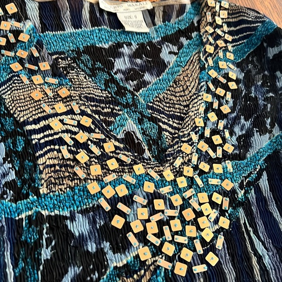 Alberto Makali SZ S Long Sleeve Crepe Semi Sheer Animal Print Blue Blouse Sequin - Picture 5 of 15